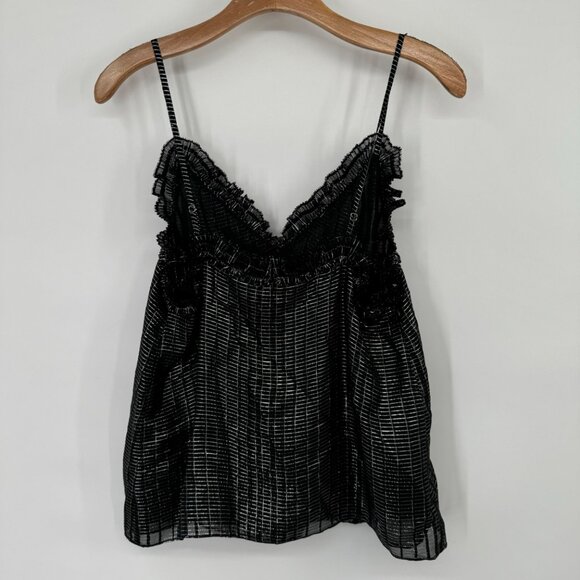 Rebecca Taylor Black silver Metallic Ruffle Camisole sleeveless Top Size 4 - Picture 7 of 9